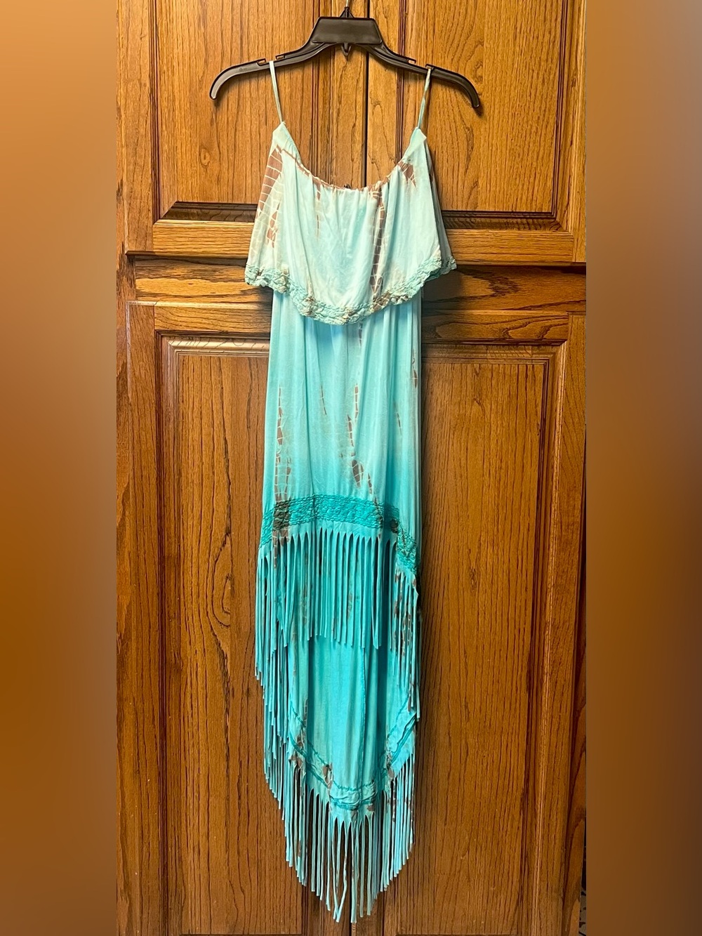 T Party Fringe Hi Low Strapless Dress Sz S Tie Dye Crochet & Lace Accents